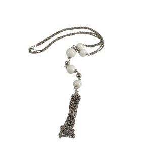 Long Chain Silver Tone Necklace With White Beads & Tassel Accent Boho